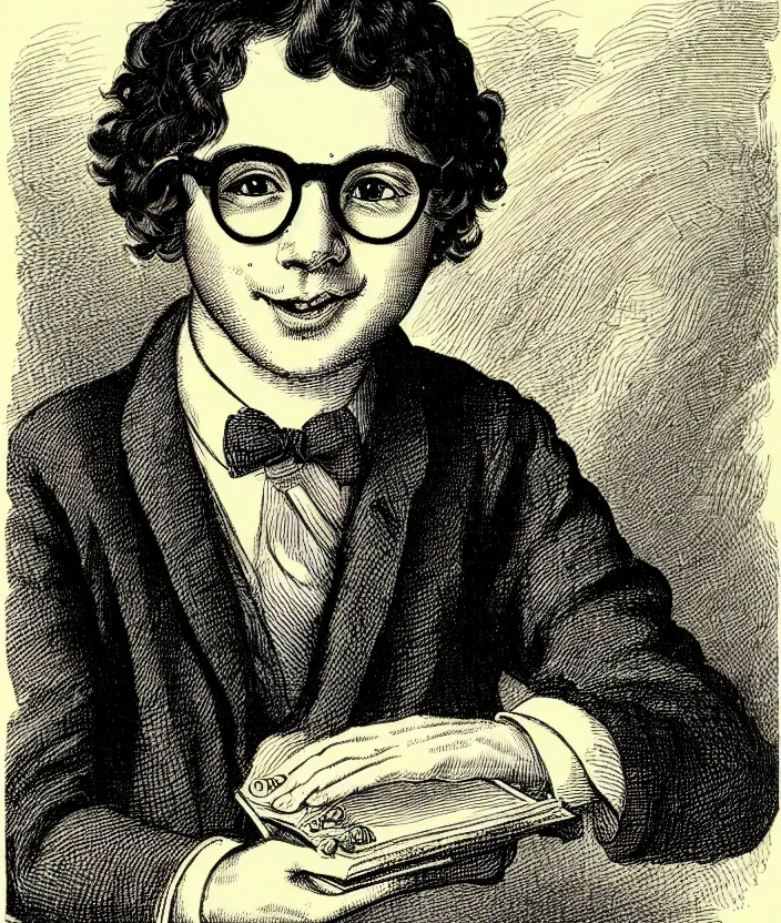 Prompt: illustration of jewish young man with glasses, dark short curly hair smiling, in the style of john tenniel