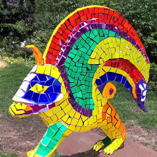 Prompt: mosaic sculpture of a alebrije chimera!!!, irregularly shaped mosaic tiles, in the style of folk art, in a cottagecore flower garden