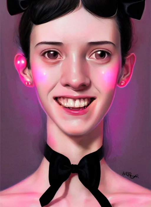 Image similar to portrait of high school girl, realistic, black hair, bangs, half updo hairstyle, pointy nose, skinny, smile, ugly, defined jawline, big chin, pink hair bow, earrings, intricate, elegant, glowing lights, highly detailed, digital painting, artstation, sharp focus, illustration, art by wlop, mars ravelo and greg rutkowski