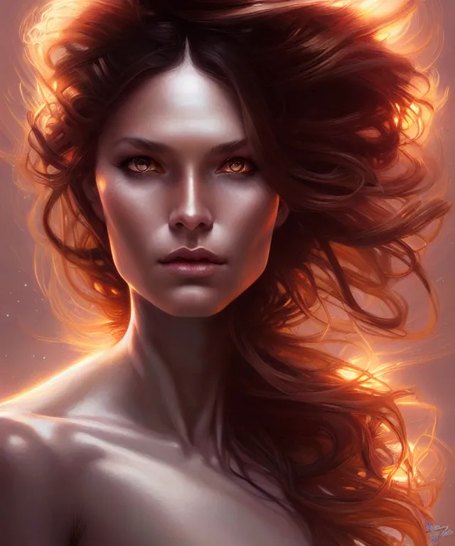 Image similar to futuristic woman portrait, sci-fi, amber eyes, face, long hair, fantasy, intricate, elegant, highly detailed, digital painting, artstation, concept art, smooth, sharp focus, illustration, art by artgerm and greg rutkowski and alphonse mucha