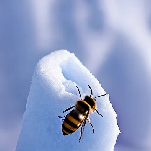 Image similar to a bee finding a beautiful flower made of snow in antarctica, only snow in the background, beautiful macro photography, ambient light