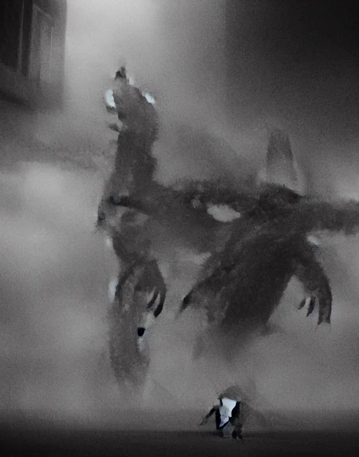 Image similar to very low - resolution found footage of a couple escaping in the city from a starfish kaiju monster, fog, foggy, korean film noir, monochrome, red hue, thriller, underdeveloped, epic, dramatic