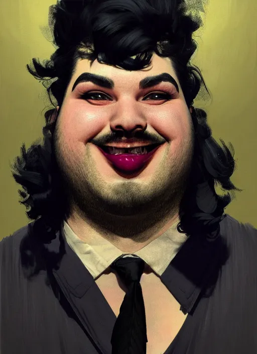 Prompt: portrait of a plump man with a crooked nose and a confident expression, 1 9 6 0 s, black clothes, goth, punk, brightly coloured hair, funk, intricate, elegant, highly detailed, digital painting, artstation, concept art, smooth, sharp focus, illustration, art by wlop, mars ravelo and greg rutkowski