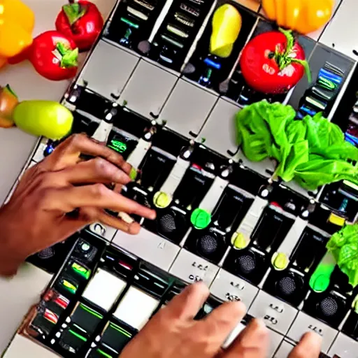 Image similar to film still of fresh fruits and vegetables making beats on fl studio