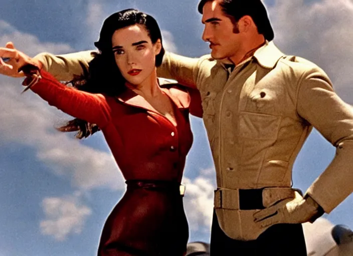 Prompt: a movie still from the modern film the rocketeer featuring young cute jennifer connelly in her role as jenny blake