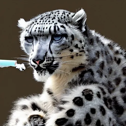 Prompt: Snow leopard smoking a joint, award-winning photo