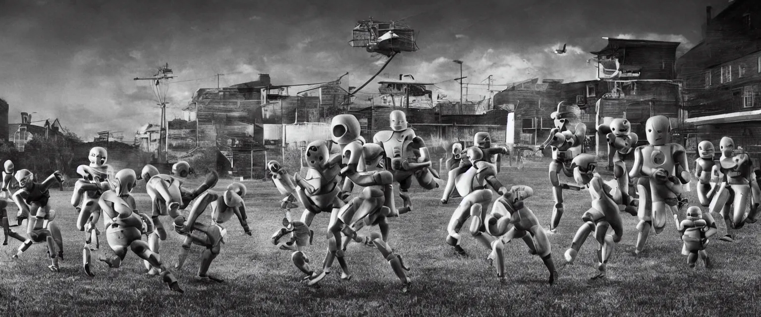 Prompt: detailed sharp photograph in the style of popular science circa 1 9 5 5 and gregory crewdson of robots playing football