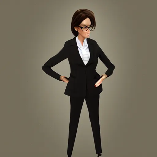 Prompt: woman in black business suit, light brown neat hair, trending on artstation, portrait, digital art, modern, sleek, highly detailed, formal, serious, determined, lawyer, colorized, smooth, charming, pretty, glasses