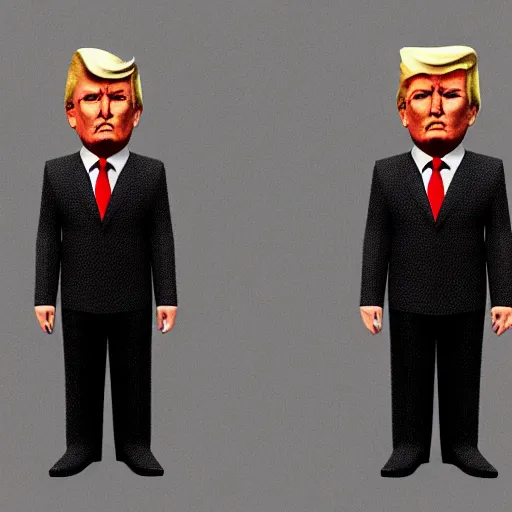 Prompt: full body 3d model of trump, low polygon, ps1 graphics, sharp edges, bold lines