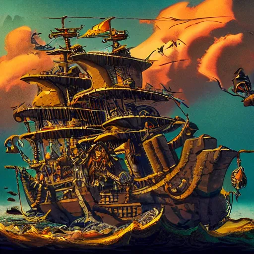 Prompt: treasure map adventures large pirate ship, mike mignola style, d & d, beautiful composition, wide angle, colorful, cinematic, volumetric lighting, intricate details