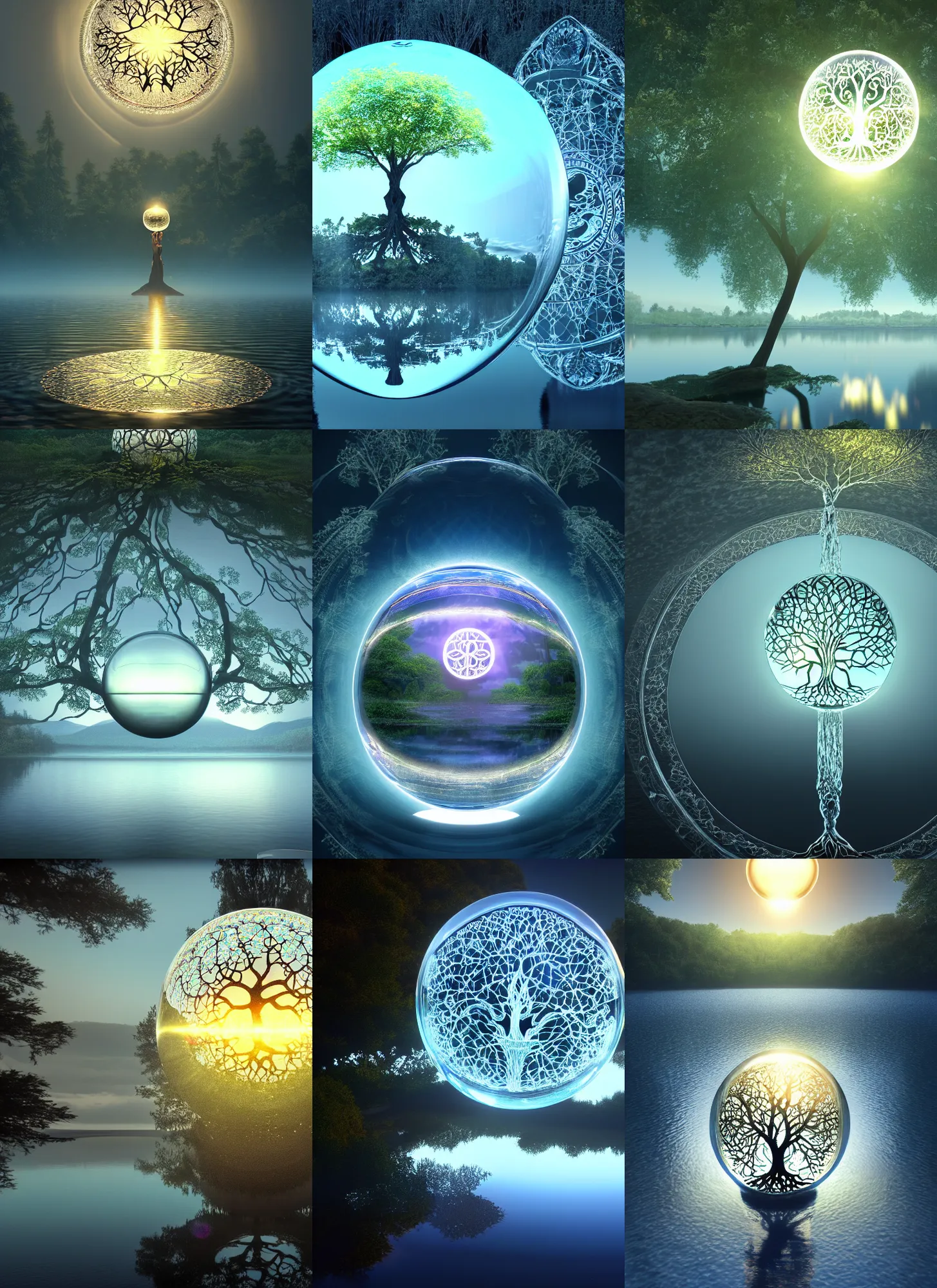 Prompt: glowing transparent horizontally centered crystal ball floating over a serene lake, tree of life inside the ball, intricate details, radiant light, reflections on the water, ripples, moody sky, hyperdetailed illustration by yuumei, by mark brooks, john harris, artstation, unreal engine 5, low global light, coherent composition