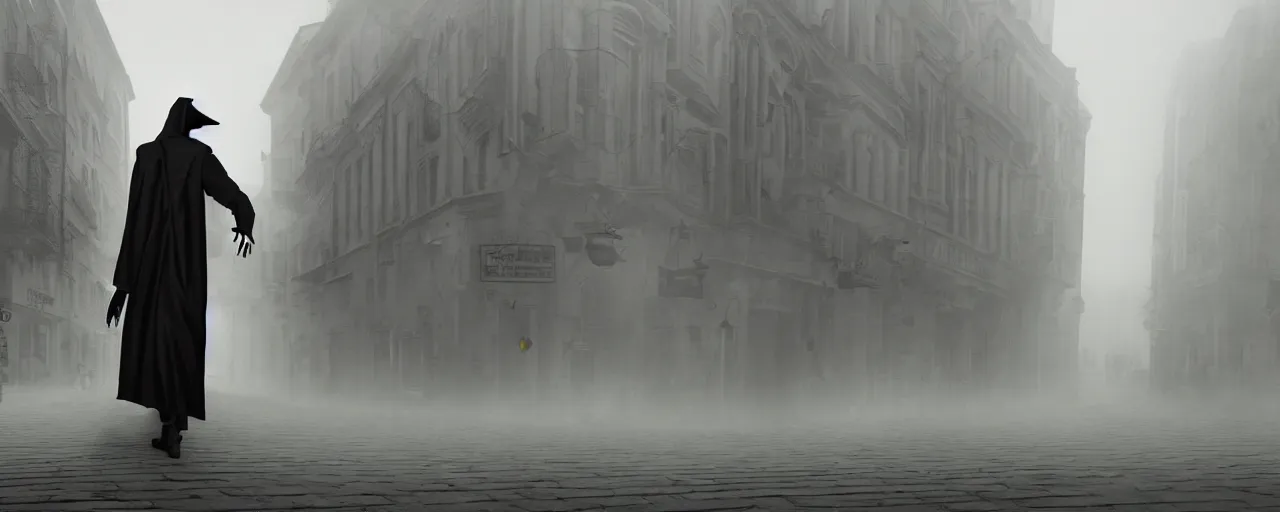 Prompt: Plague doctor walking through a city surrounded by fog.