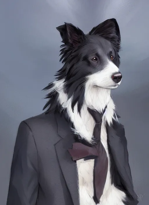 Image similar to beautiful portrait of a cute male anthropomorphic border collie fursona wearing a suit downtown. by charlie bowater, henry asencio, and ross tran. scenic background, detailed, concept art, detailed hands, glamor pose, aesthetic, trending on artstation, top rated on furaffinity and deviantart