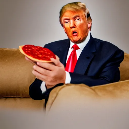 Image similar to Donald Trump sitting on the couch eating a pepperoni pizza