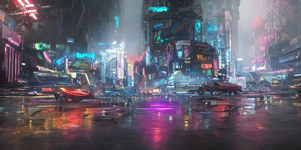 Image similar to a 3 d rendered in unreal engine guatemalan cyberpunk city with flying cars with neon ads and signs with evocative dramatic mood with blade runner vibe with cars and floating vehicles with motion blur with depth of field with bloom with lightshaft with volumetric lights, fog, by jeremy mann, oscar winning graphics, photo realistic, bloom, imax, dynamic lighting, artstation,