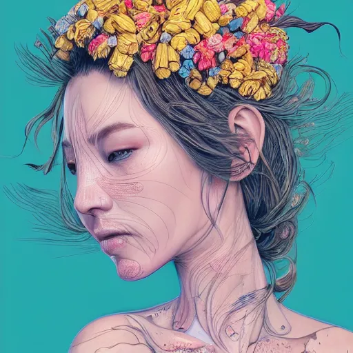 Image similar to the portrait of the most beautiful, graceful, and elegant young woman made of bananas and petals, an ultrafine detailed illustration by kim jung gi, rossdraws, irakli nadar, intricate linework, bright colors, final fantasy, behance contest winner, angular, unreal engine 5 highly rendered, global illumination, radiant light, detailed and intricate environment