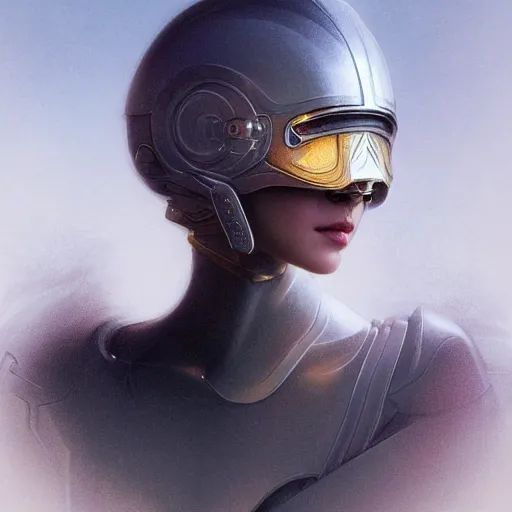 Image similar to pale skinned woman wears a metal helmet, fog, volumetric lighting, intricate, elegant, highly detailed, digital painting, artstation, concept art, smooth, sharp focus, art nouveau, art by artgerm and greg rutkowski and alphonse mucha