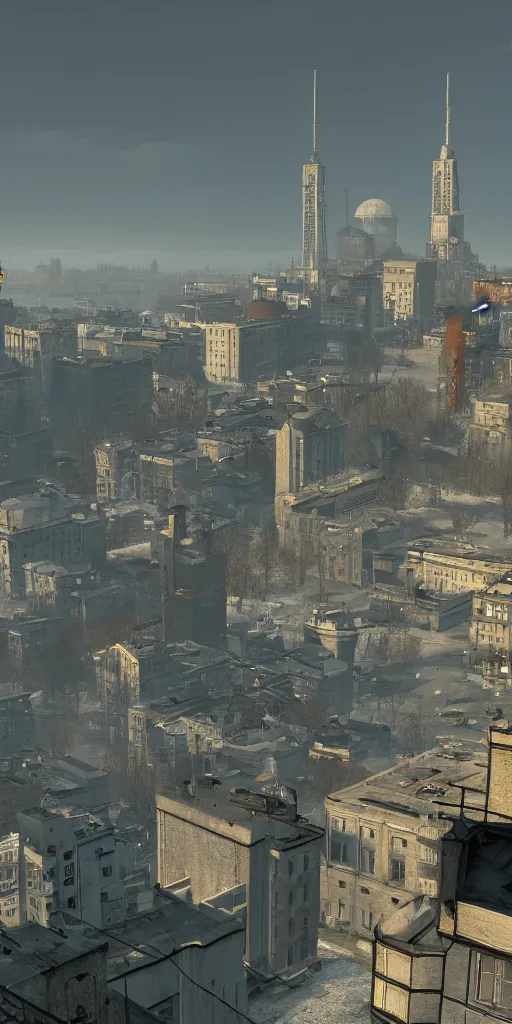 Image similar to half - life 2, city 1 7, eastern europe city, post ussr, citadel in view, extra long shot