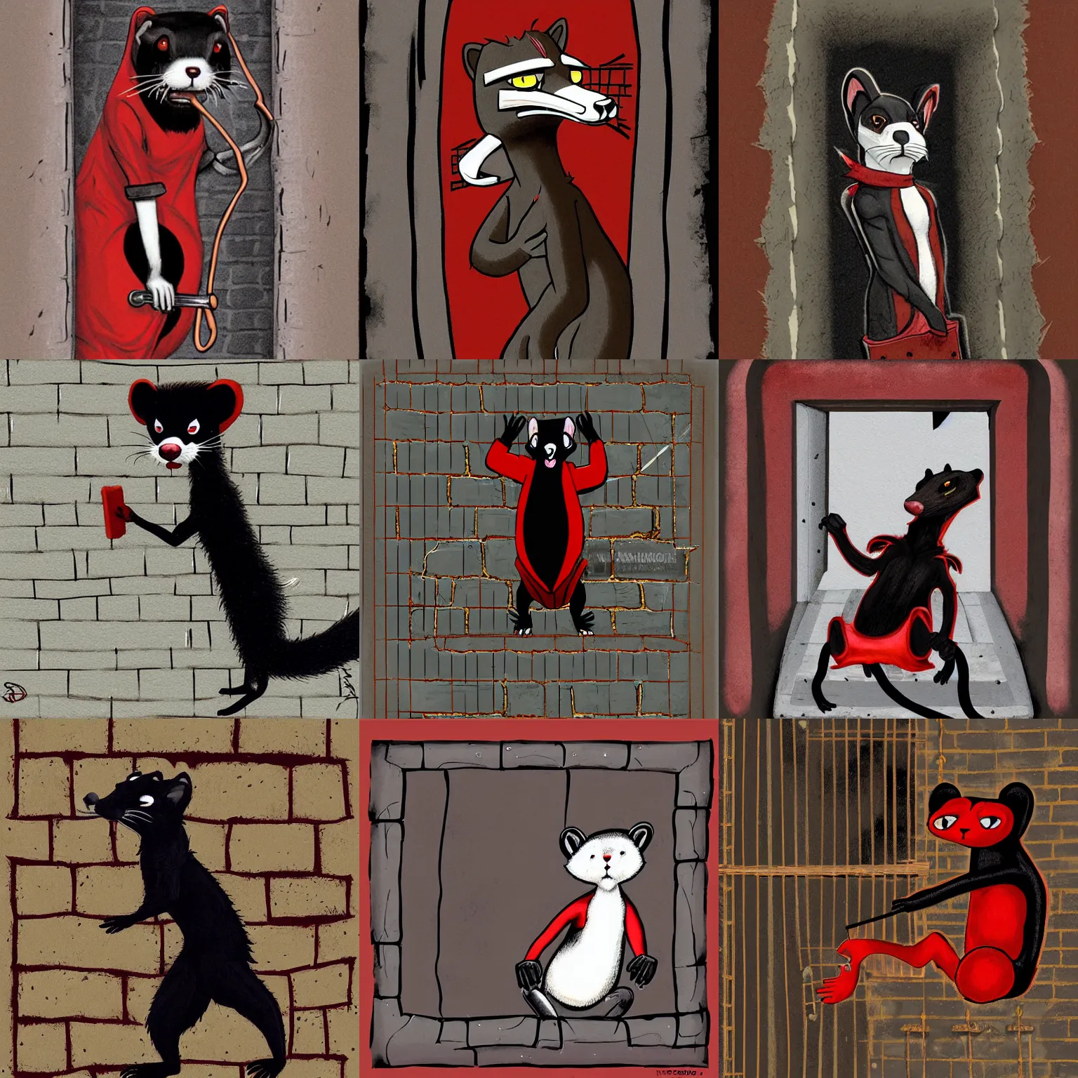 Prompt: an anthropomorphic red - and - black weasel - ferret - stoat fursona / furry ( from the furry fandom ) dressed in prisoner's regalia, scratching and chiseling on a prison cell wall creating cracks and impressions, paint flows through the nooks and crannies, art style : 1 9 9 0 s world of darkness