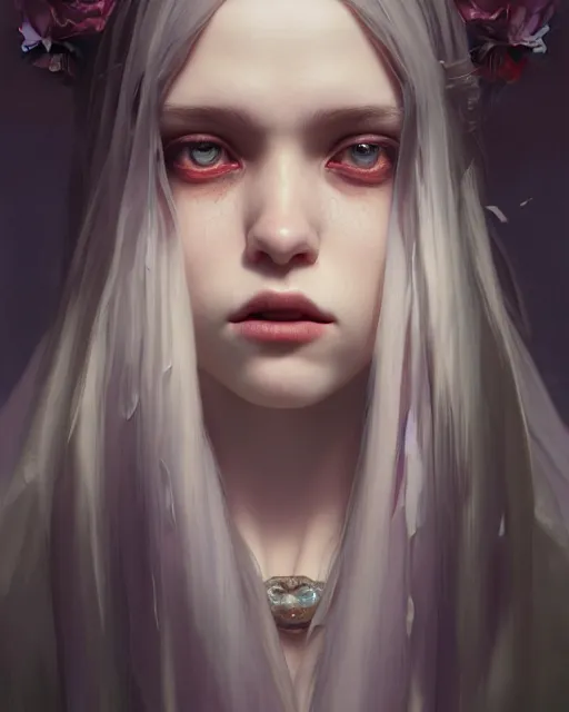 Image similar to highly detailed vfx portrait of a beautiful vampire girl, wonderful eyes, three - dimensional rendering, unreal engine, alexey gurylev, greg rutkowski, loish, rads, beeple, makoto shinkai and lois van baerle, rossdraws, tom bagshaw, alphonse mucha, global lighting, detailed and complex environment