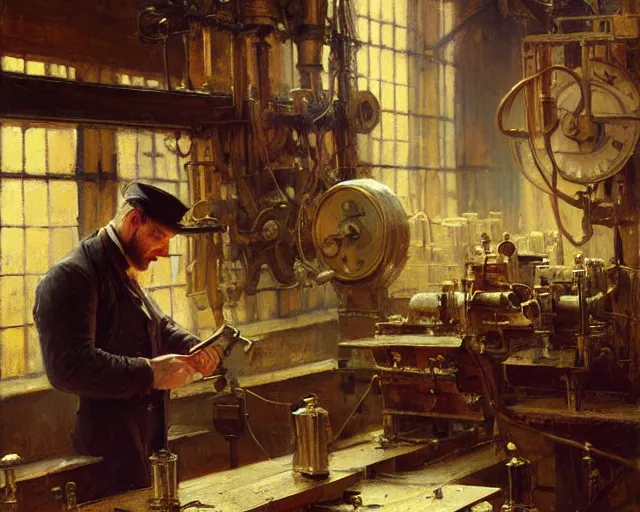 Prompt: attractive man working hard at an 1 9 th century factory. highly detailed painting by gaston bussiere, craig mullins, j. c. leyendecker 4 k