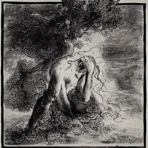 Image similar to by ron garney, by jean - antoine watteau precise screen printing. a land art of a man caught in a storm, buffeted by wind & rain. he clings to a tree for support, but the tree is bent by the force of the storm. he is soaking wet. his face is contorted with fear & effort.