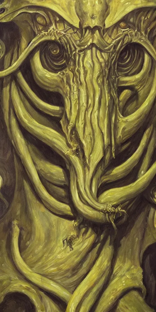 Image similar to a stunning and noble highly detailed portrait of cthulhu by h. r giger and edward hopper, trending on artstation, oil painting masterpiece, symmetry, mysterious, very very very aesthetic