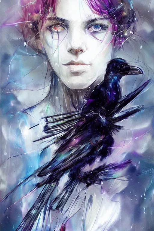 Prompt: scifi futuristic raven bird art by agnes cecile, beautiful, soft, smooth