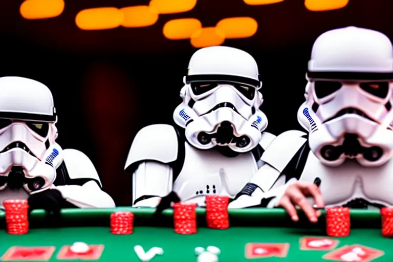 Prompt: a photo of two stormtroopers playing craps in las vegas and celebrating, ultra wide shot, 2 4 mm, bokeh, blurred background, colorful lights
