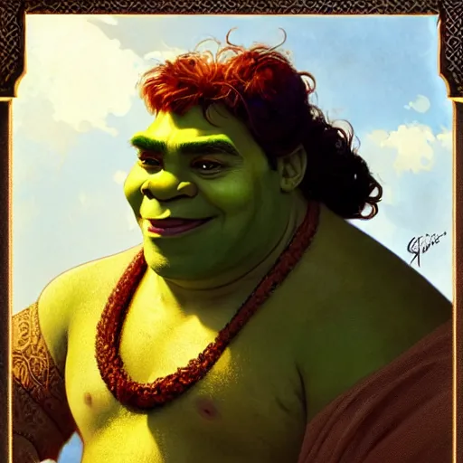 Image similar to handsome shrek in a moroccan jalaba, highly detailed, digital painting, artstation, concept art, sharp focus, illustration, art by greg rutkowski and alphonse mucha