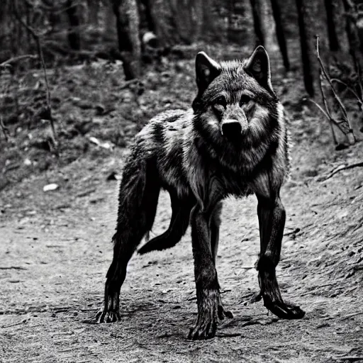 Image similar to human wolf werecreature, photograph captured at woodland creek