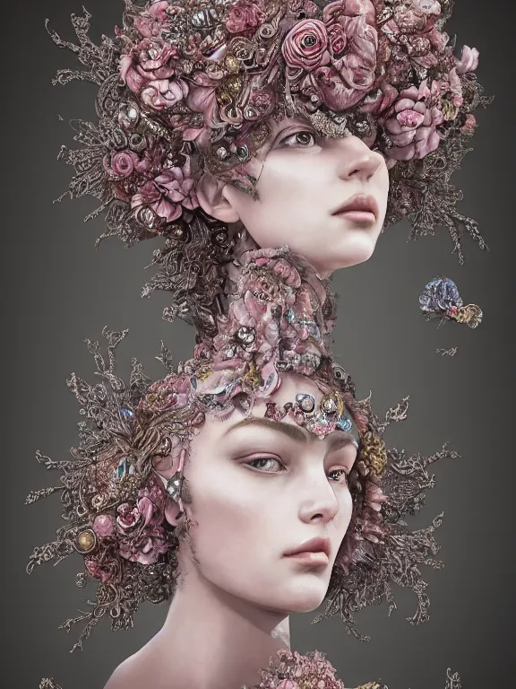 Image similar to a beautiful portrait render of baroque young lady who has perfect human face and dramatic headdress with intricate fractals of flowers and star made of crystals, by Billelis and aaron horkey and peter gric and Nekro and Virginie Ropars,ZBrush,hyperreal,pearlescent,jewelry,gold,pink,maximalist