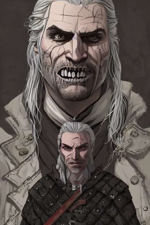 Prompt: geralt of rivia in sleepy hollow, full body, big two toned eyes, teeth gritted, horror, intricate details, cinematic, epic, realistic, anatomy, tomer hanuka, uplight, artstation, photorealistic, scary