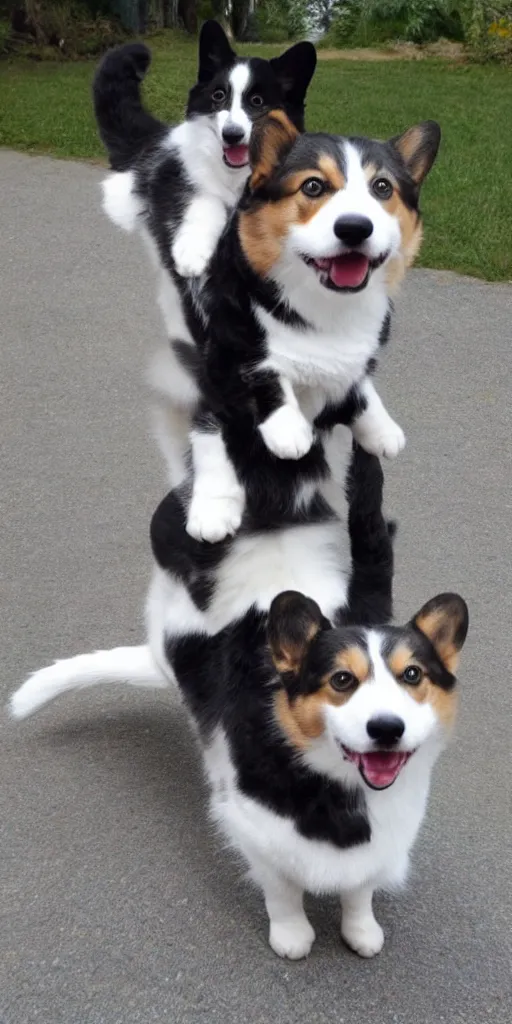 Image similar to corgi weaкing saddle, cute fluffy tuxedo cat riding on the top of him, realistic photo