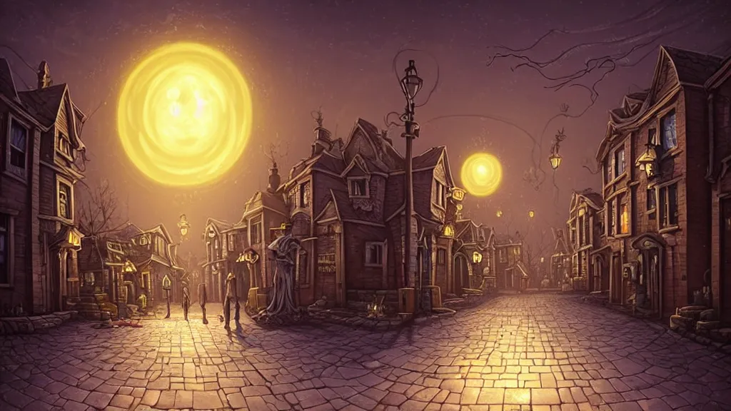 Prompt: empty lovecraftian town square surrounded by houses and inns. lovecraftian city at night by cyril rolando and naomi okubo and dan mumford and ricardo bofill. lovecraft. cobbled streets. oil lamp posts. lovecraftian statues. full moon halo.