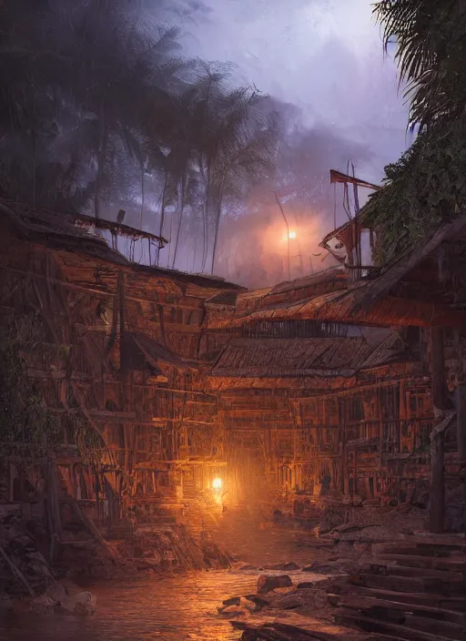 Image similar to wooden palisade wall on a tropical island kit by torches in a Storm night, intricate Details, raphael lacoste, eddie mendoza, alex ross, concept art, matte painting, highly detailed, rule of thirds, dynamic lighting, cinematic, detailed, denoised, centerd, clean render