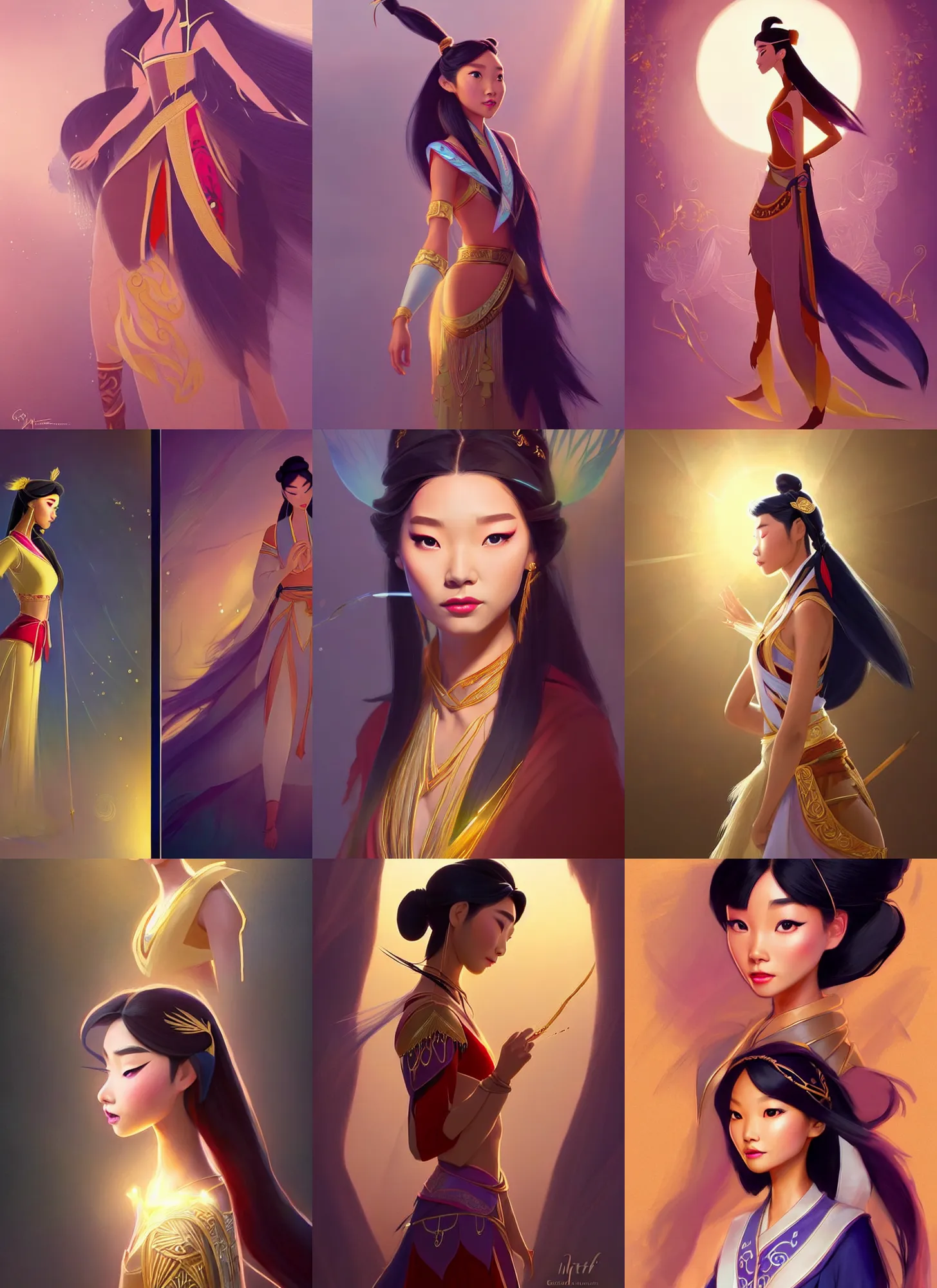 Prompt: fashion concept spot illustrations from a disney's pocahontas and mulan crossover, cosplay, by nixeu, by artgerm, by greg rutkowski, iridescent and gold and crystal, fullbody, intricate jewelry, god rays, hyper detailed, character concept, glowing particulate, intricate, elegant, digital painting, artstation, smooth, sharp focus.