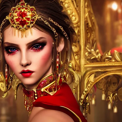 Image similar to wonderful princess with smooth fair skin, alluring eyes, red eyeshadow, red jewelry, breathtaking, elegant, intricate, ornate backdrop, hyper detailed, accent lighting, 4 k glamour photography, octane render