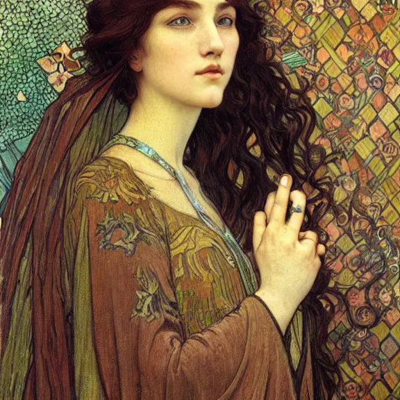Image similar to detailed realistic beautiful young medieval queen face portrait by jean delville, alphonse mucha, vincent van gogh, and marco mazzoni, art nouveau, symbolist, visionary, gothic, pre - raphaelite