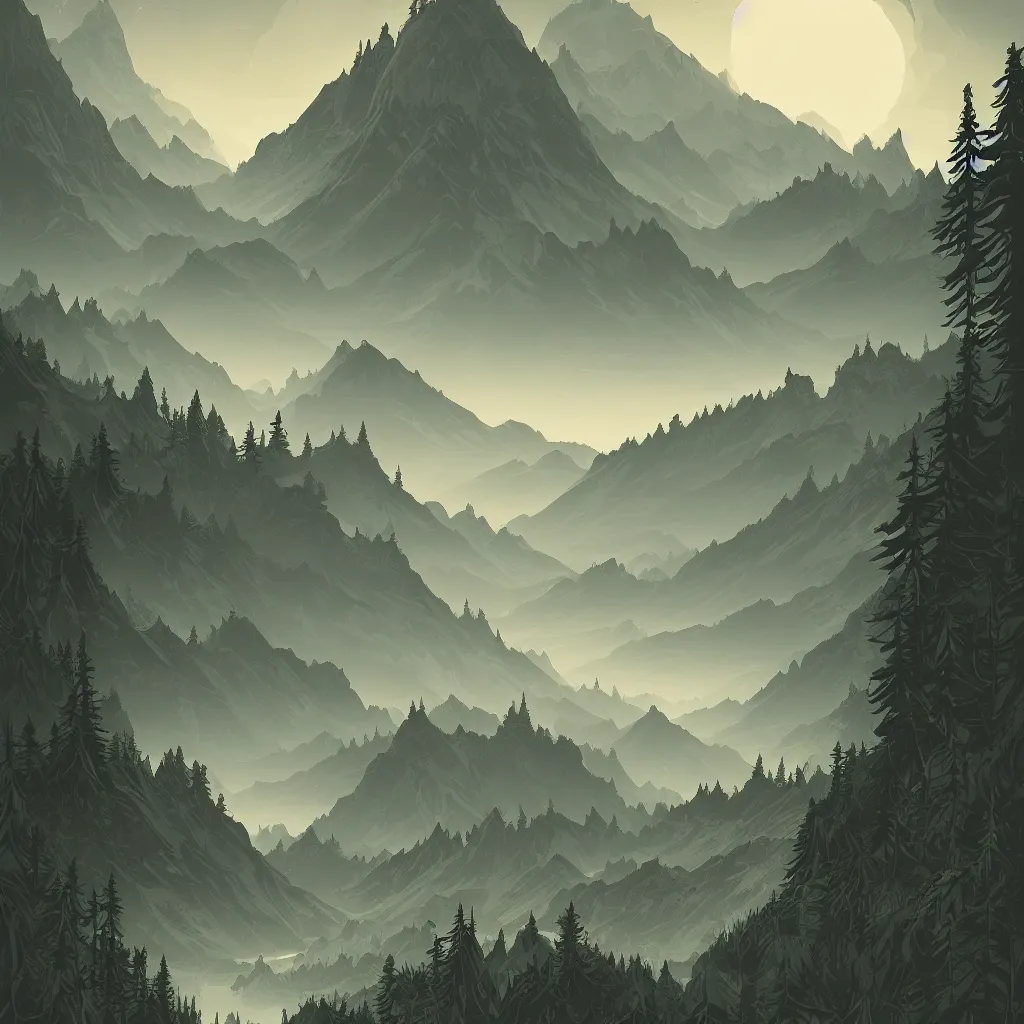 Image similar to a beautiful landscape with trees and mountains, by dan mumford, artstation, behance, highly detailed, concept art, dramatic lighting, minimalist
