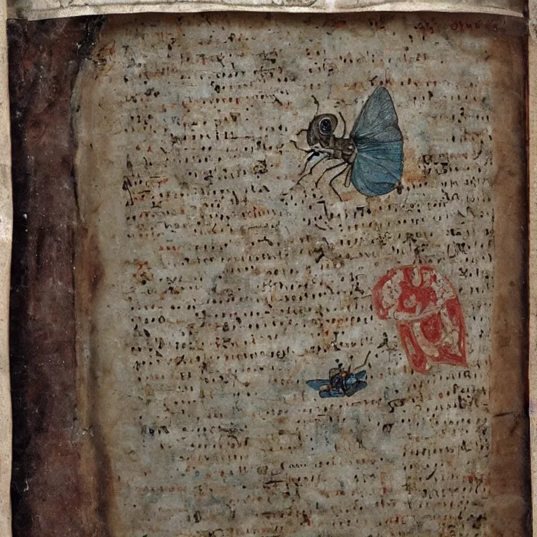 Prompt: ancient manuscript with a painting of a big batterfly, 35 mm lens