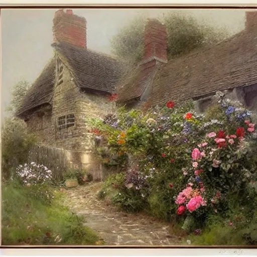 Prompt: (((((((victorian english cottage with a stone path and a flower garden))))))) . muted colors. by Jean-Baptiste Monge !!!!!!!!!!!!!!!!!!!!!!!!!!!!!!!!!!!!!!!!