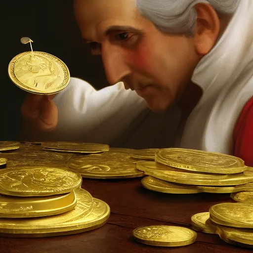 Image similar to a closeup photorealistic photograph of a happy George Washington inspecting small gold Doubloon coins at his home on Cherry Street. This 4K HD image is Trending on Artstation, featured on Behance, well-rendered, extra crisp, features intricate detail and the style of Unreal Engine.