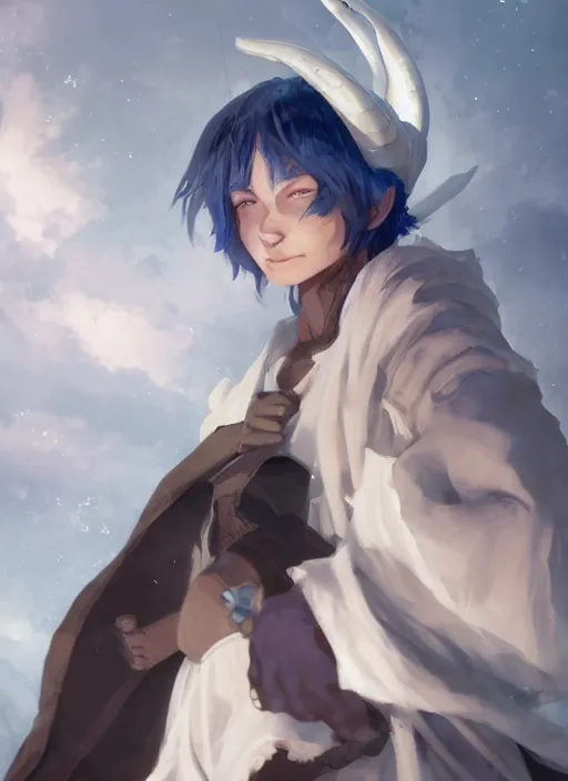 Image similar to concept art painting of a dark skinned person with short white hair, demon horns, white freckles, full clothing, blue robes, detailed, cel shaded, in the style of ruan jia and artgerm and makoto shinkai and james gurney