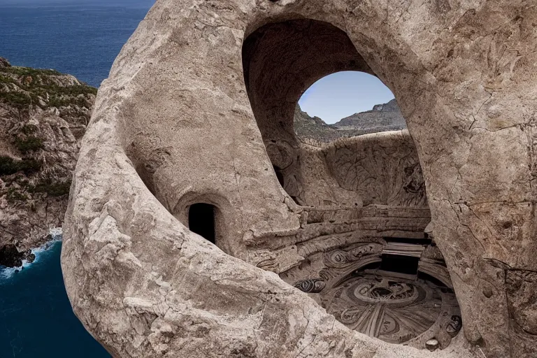 Image similar to a gigantic paleolothic torus made of stone with highly detailed carvings of intricate shamanic robotic electronics and circuitry, in a mediterranean lanscape, inside a valley overlooking the sea, in the style of michal karcz