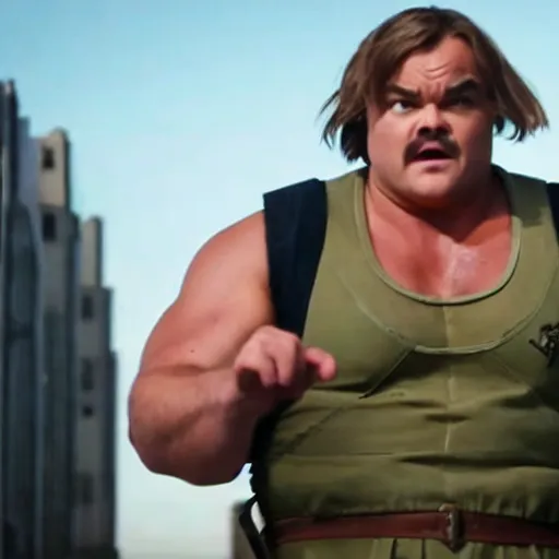 Image similar to movie still of jack black starring as guile in the 2 0 2 6 live action street fighter movie