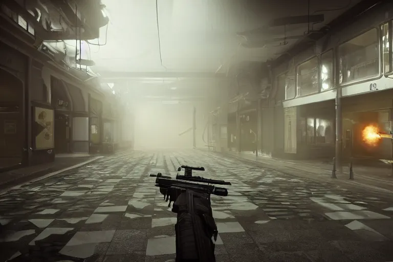 Prompt: a first person shooter game trailer on a victorian shopping mall, cinematic lightning, ray tracing, unreal engine 5, photorealistic, holding a ak - 4 7, fps game concept art, detailed, moody, foggy