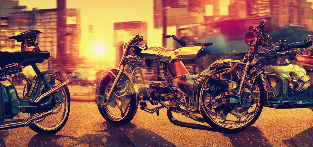 Prompt: a bosozoku motorcycle, golden hour, cassette futurism, cinematic shot, hyper realistic, hyper detailed