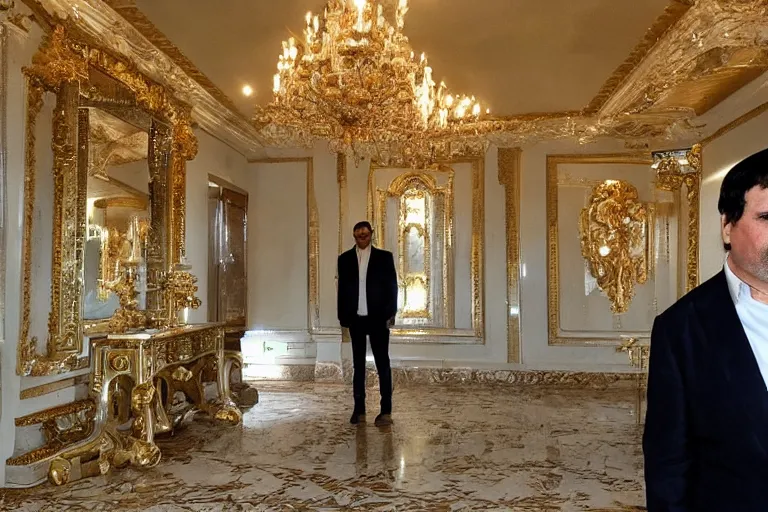 Prompt: el chapo standing in the middle of a grandiose mexican mansion. everything is made out of gold. el chapo is sipping o wine.