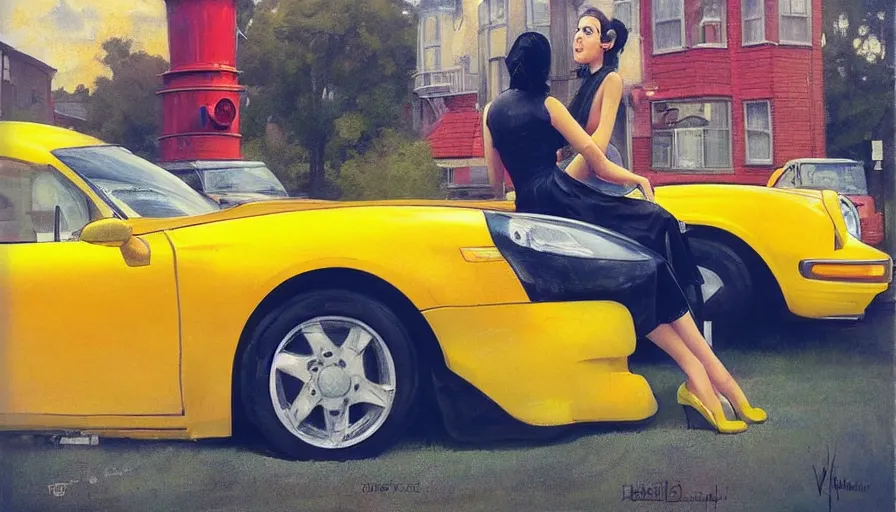 Image similar to a picture of a yellow-car parked next to a red-hydrant with a woman in a yellow-dress sitting on the hood, BEUTIFUL!, surreal, in style of Tom Bagshaw, artgerm, norman rockwell, Edward Hopper